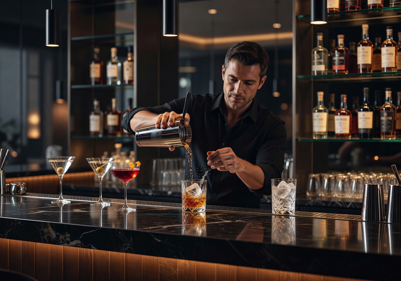 Sleek modern bar area pouring premium cocktails