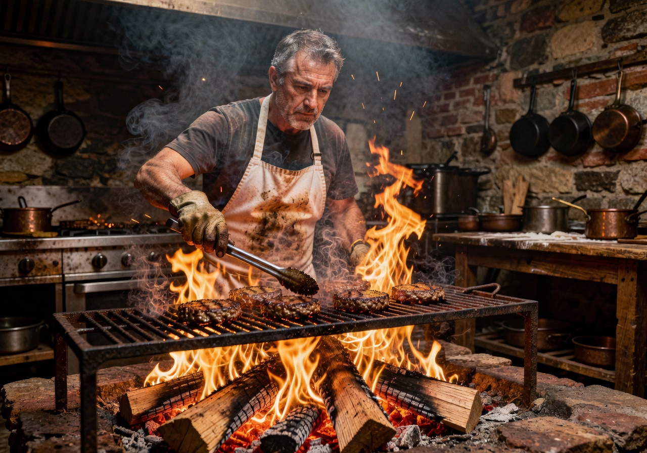 Chef grilling burgers over massive open wood flame