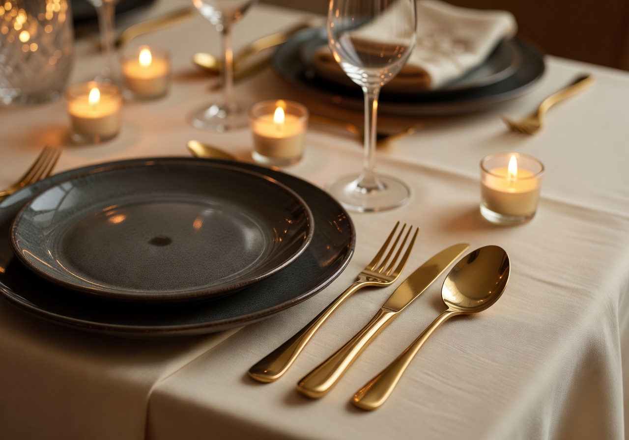Close up of a premium table setting with dark plates and gold cutlery