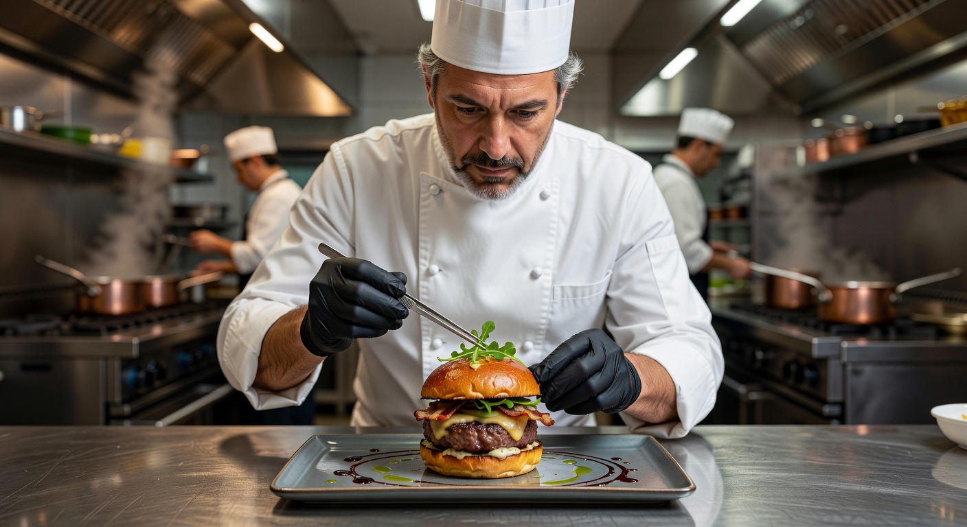 Executive chef carefully plating a premium gourmet burger