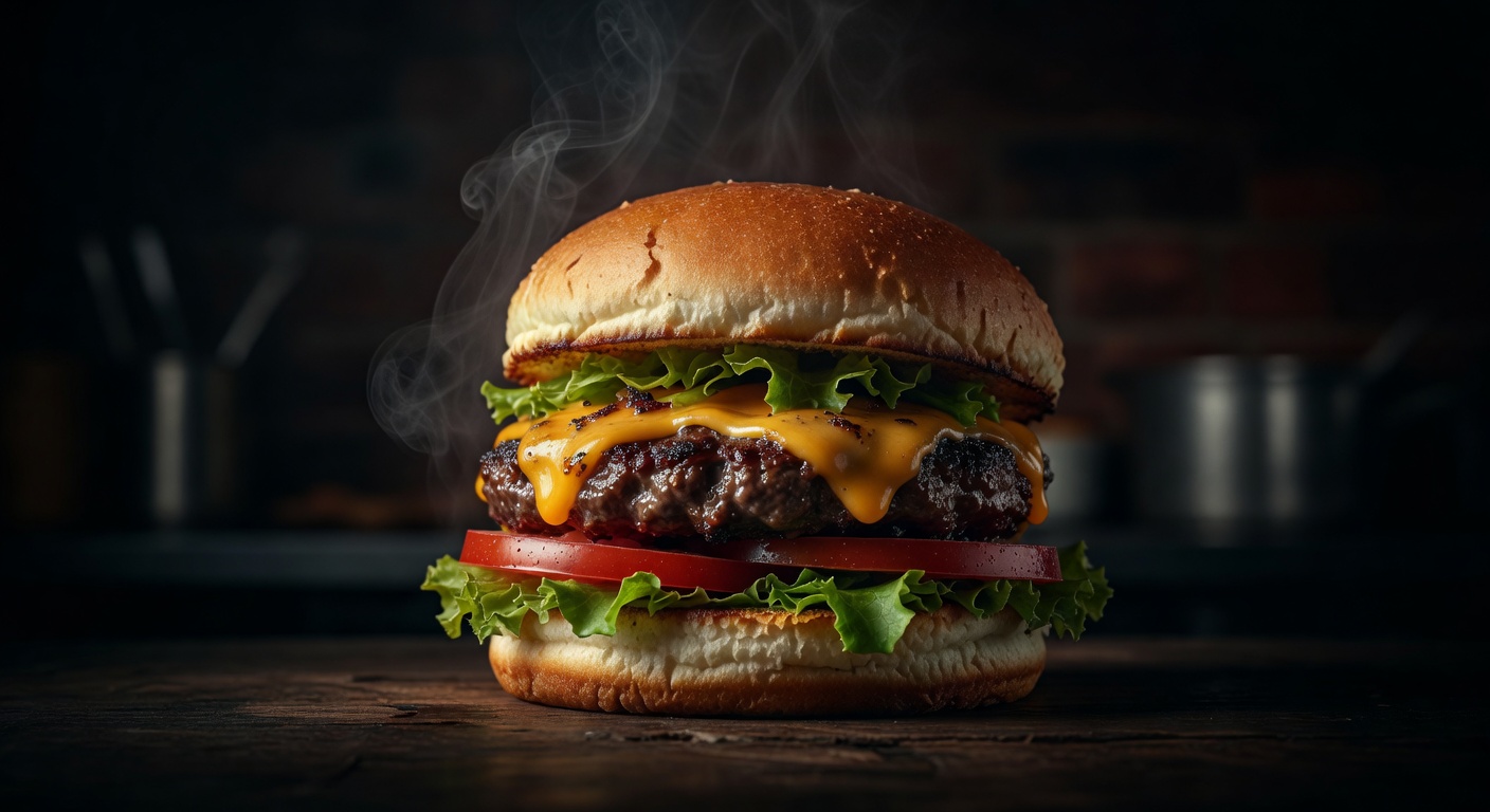 Close up cinematic shot of a premium grilled burger with steam rising in a dark moody setting