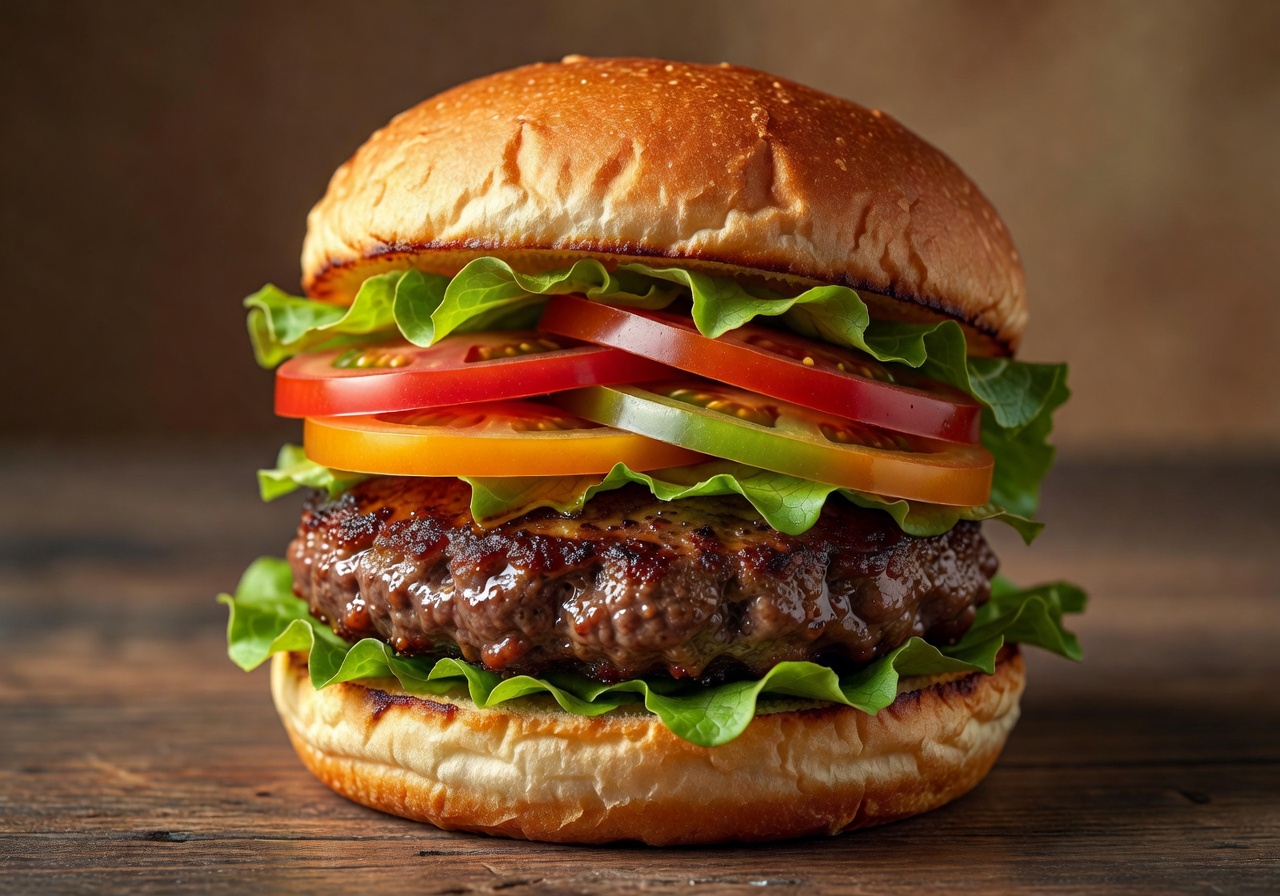 Classic Wagyu beef burger with fresh lettuce and heirloom tomatoes
