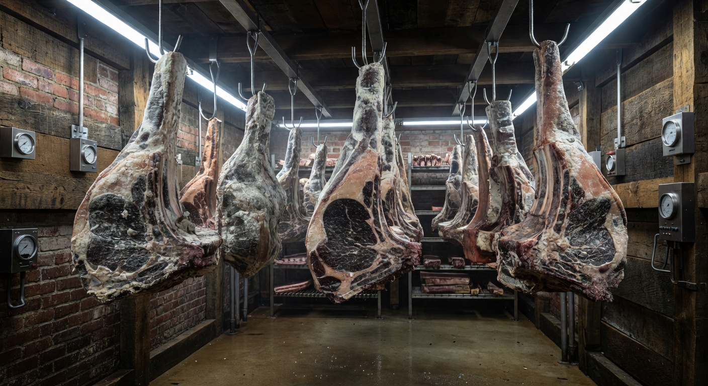 Premium cuts of beef undergoing the dry aging process
