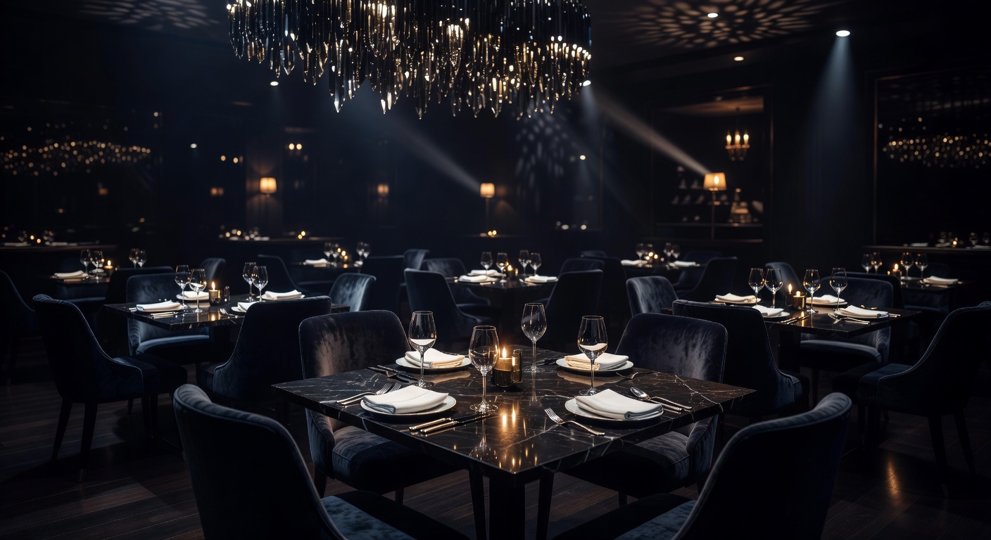Luxurious dark restaurant interior with cinematic lighting and elegant dining tables