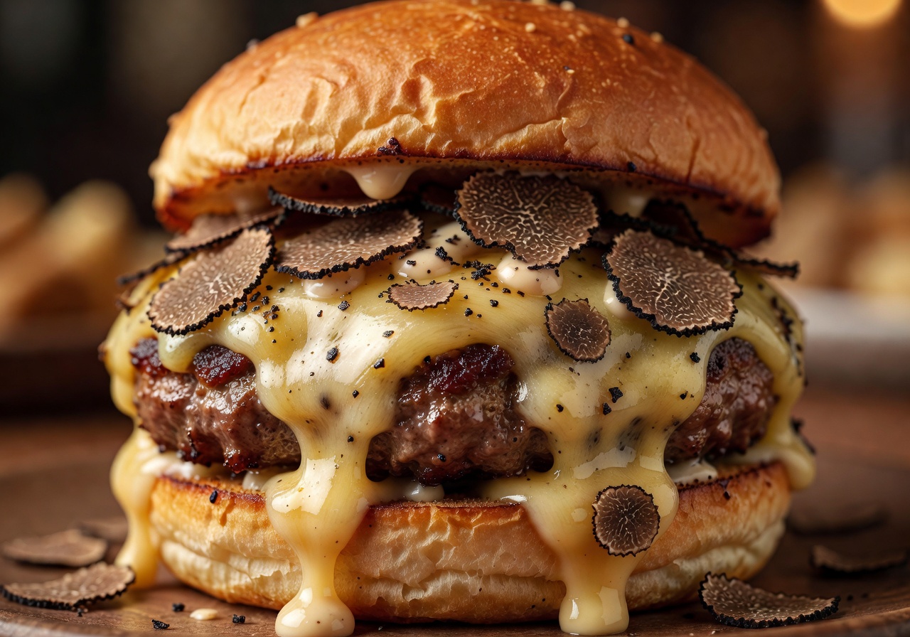 Close up detailed shot of The Truffle Gold premium burger with melting cheese