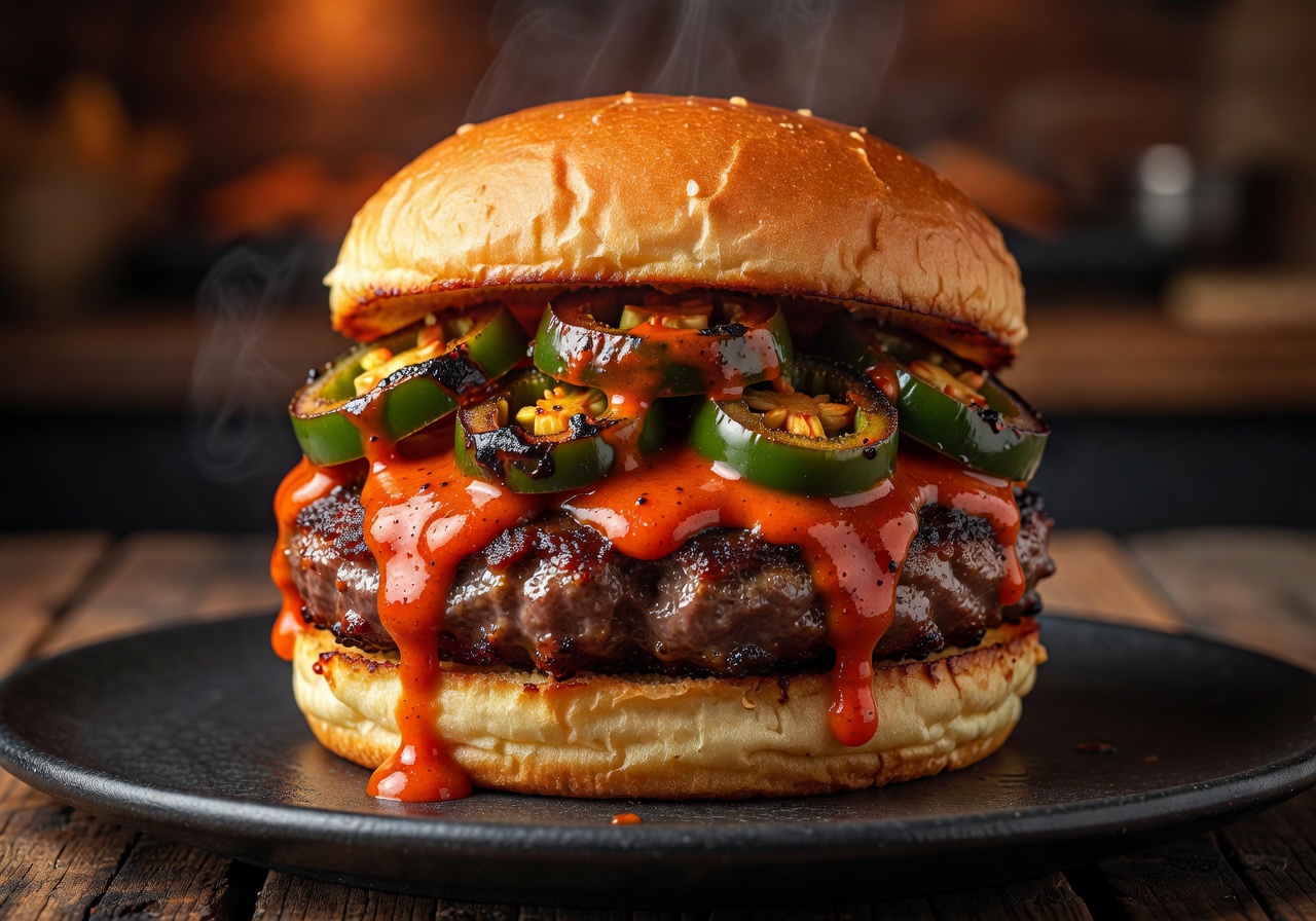 Spicy Inferno burger with charred jalapenos and premium beef patty